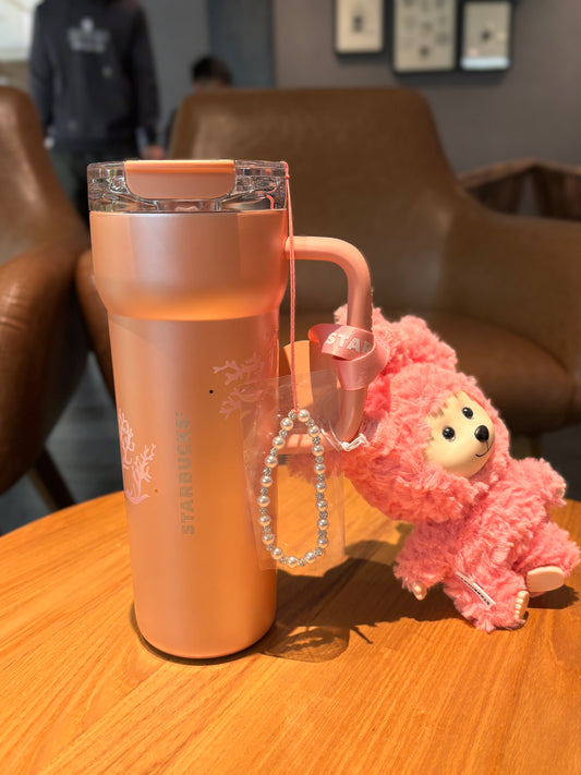 Lucky Star Series Coral Color Large Capacity Stainless Steel Travel Mug (690ml) with Vinyl Plush