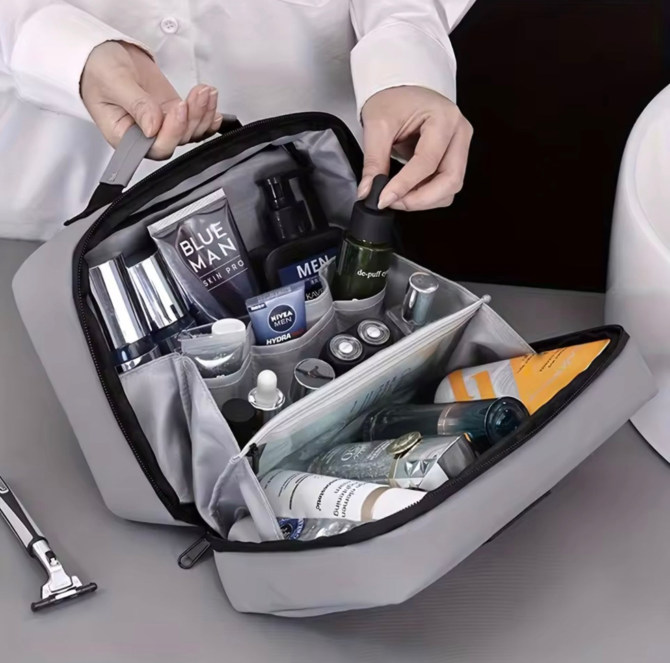Men's Double Open Storage Bag Portable Zipper Closure And Toiletries